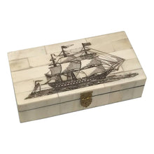 Load image into Gallery viewer, Ship of the Line Engraved Scrimshaw Bone Box, 6-1/4”