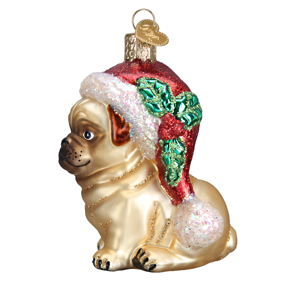 Holly Hat Pug Ornament