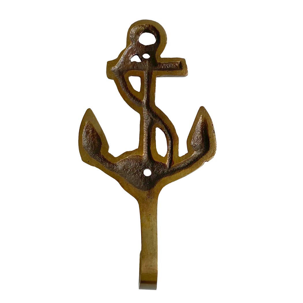 Antiqued Solid Brass Nautical Anchor Wall Hook Decor, 4-1/4”