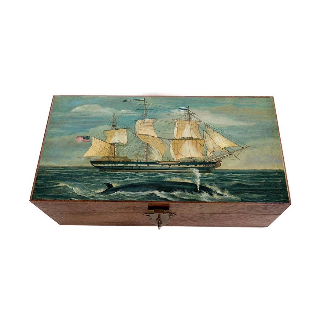 American Whaling Ship & Sperm Whale Vintage Wood Trinket Box