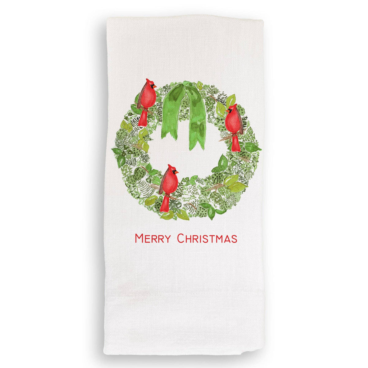 Green Wreath with Cardinals Kitchen Towel