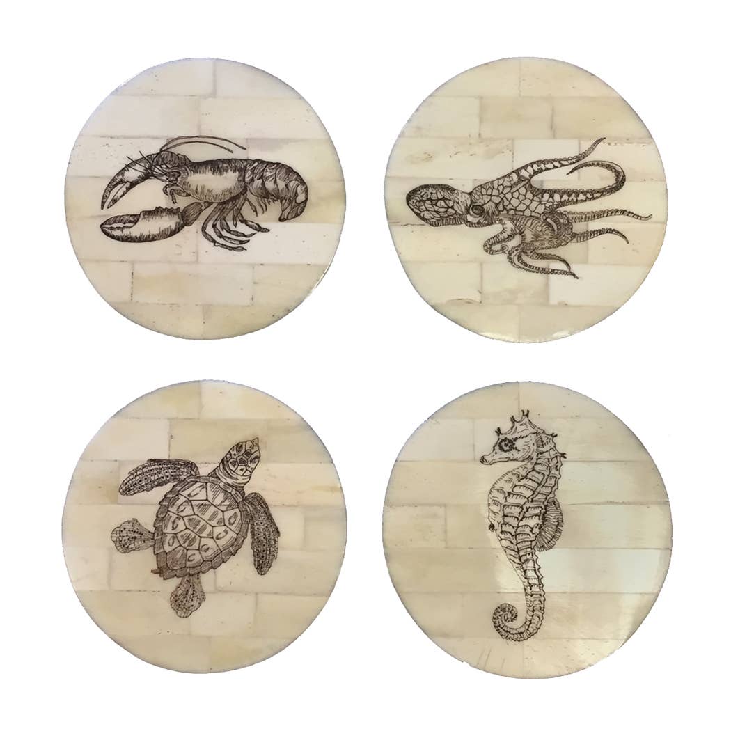 Sea Life Scrimshaw Bone Coasters (Set of 4) | Barware