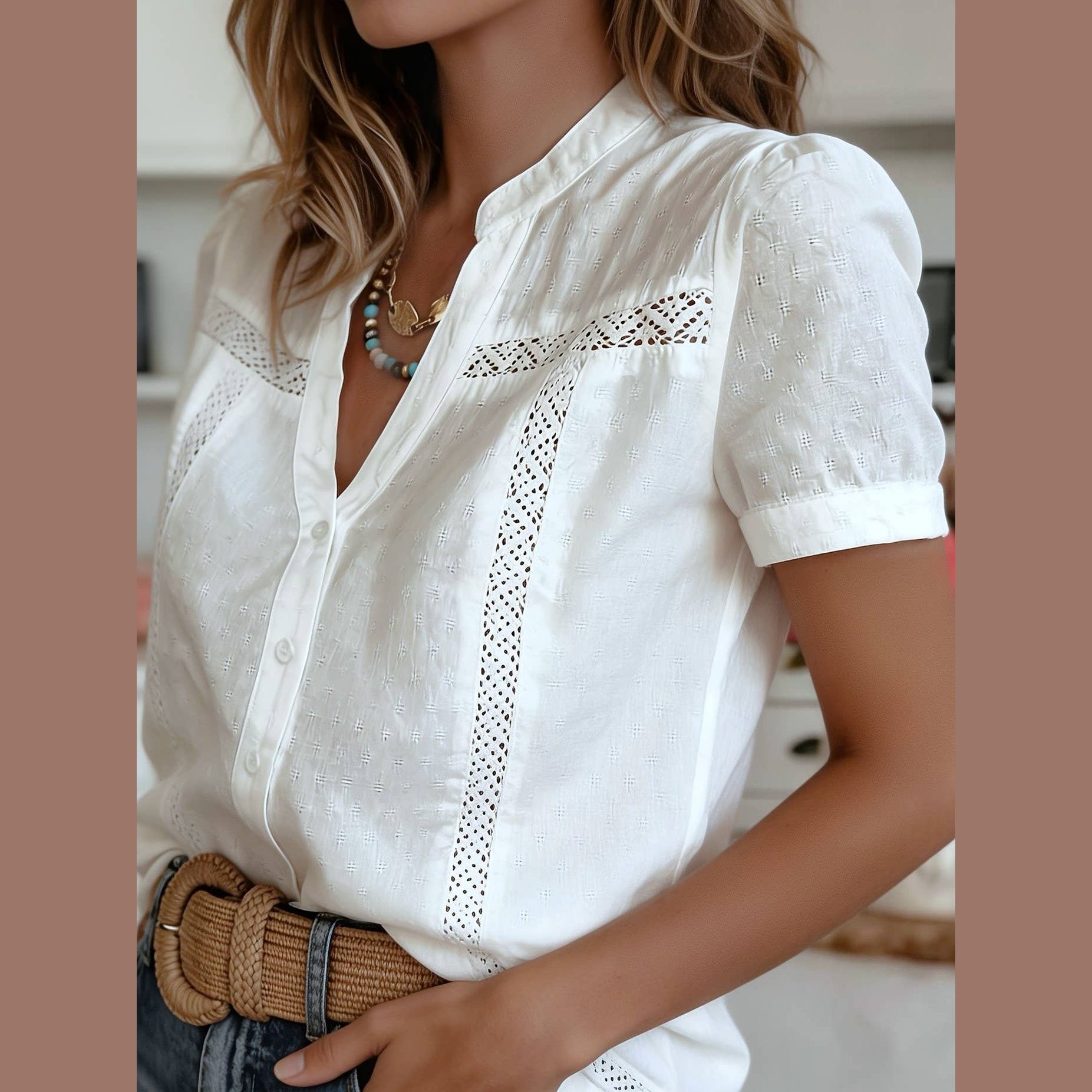 French Western Ecru Short Sleeve Lace Spliced Shirt