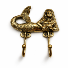 Load image into Gallery viewer, Brass Mermaid Double Wall Hook β Coastal Bathroom Towel Hook, Nautical Beach House Decor