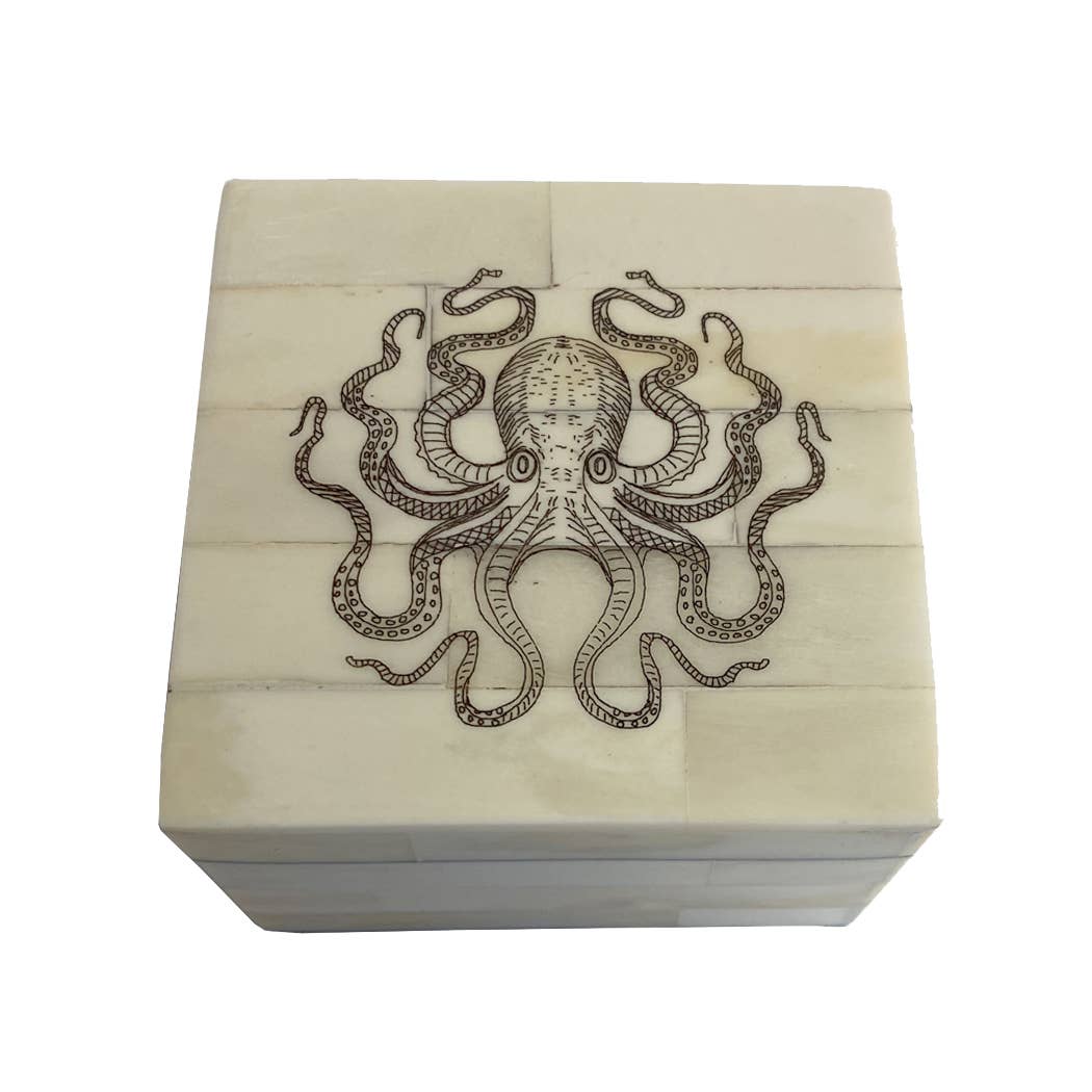 Octopus Engraved White Decorative Bone Box | Tabletop decor