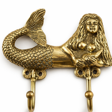 Load image into Gallery viewer, Brass Mermaid Double Wall Hook β Coastal Bathroom Towel Hook, Nautical Beach House Decor