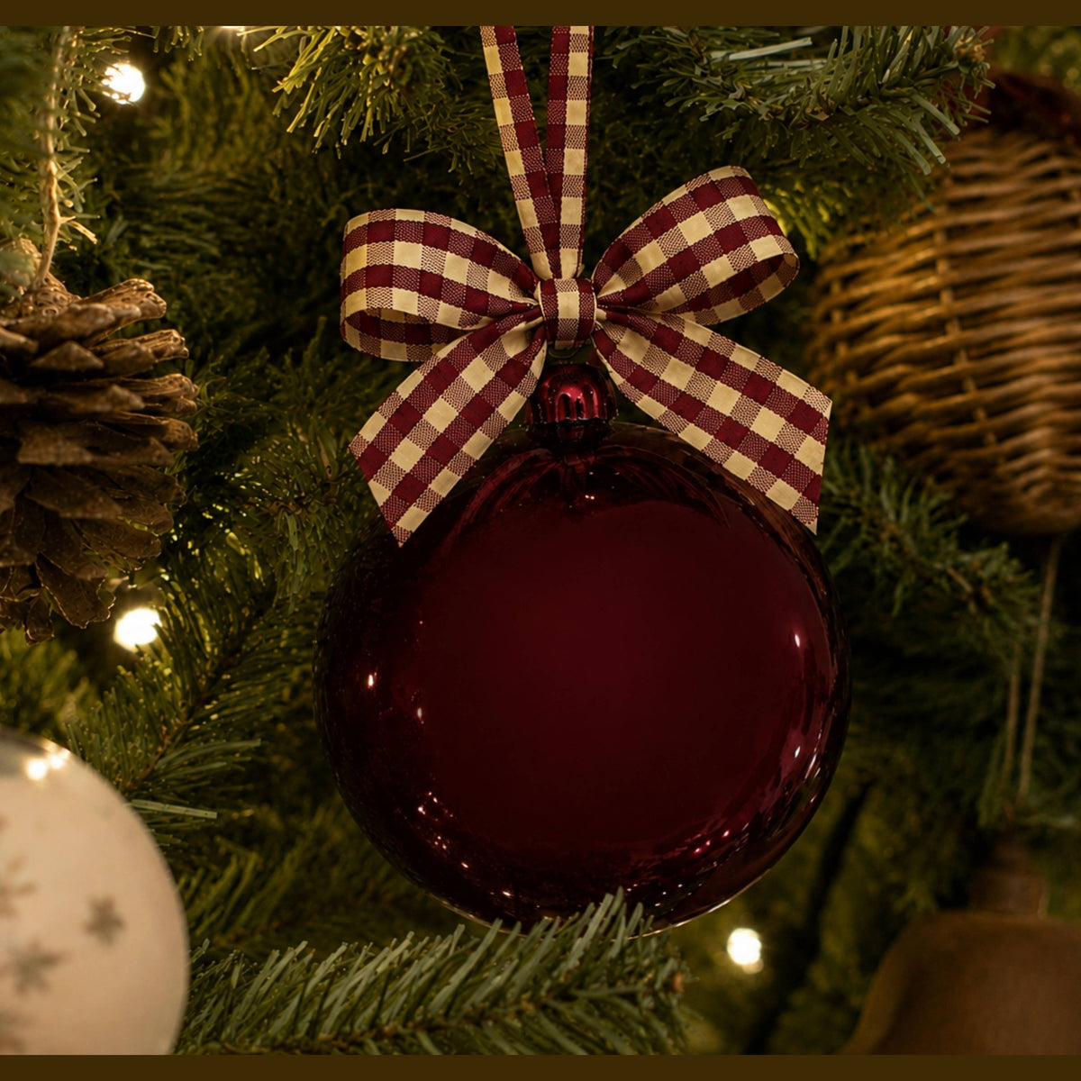 5" Glass Globe Ornament, Merlot Plaid