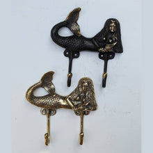 Load image into Gallery viewer, Brass Mermaid Double Wall Hook β Coastal Bathroom Towel Hook, Nautical Beach House Decor