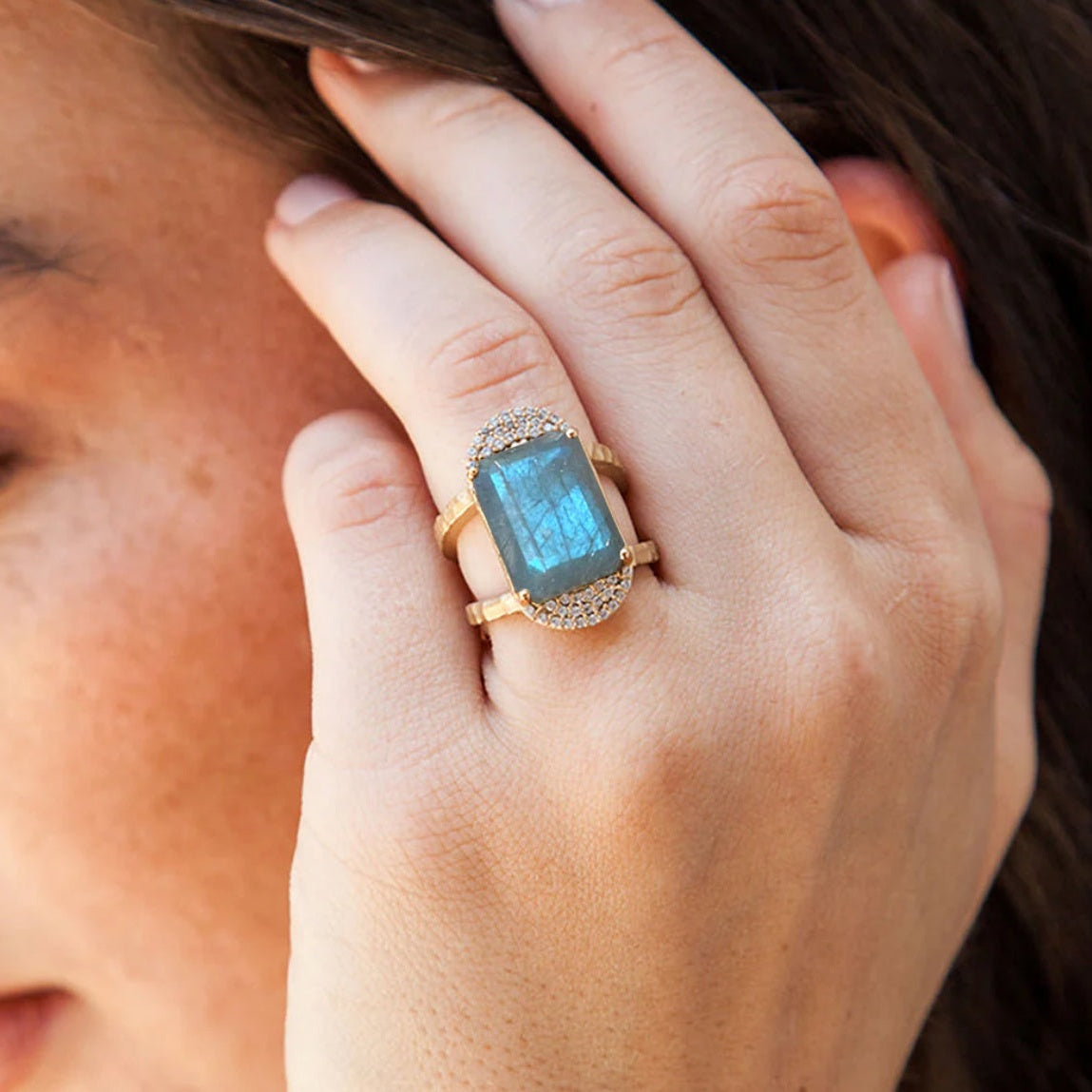 TAT2 Design - Gold Kosor Emerald Cut Labradorite & Crystal Ring