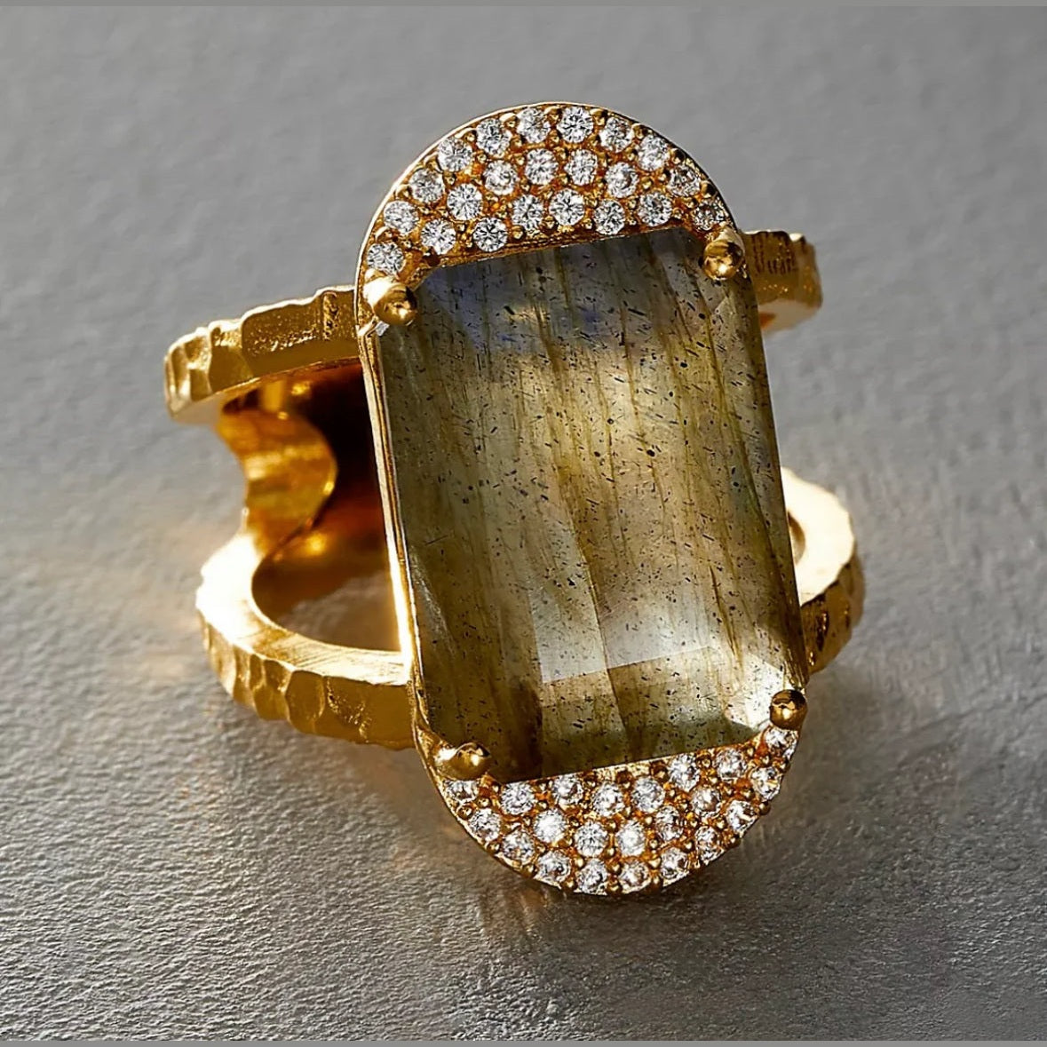 TAT2 Design - Gold Kosor Emerald Cut Labradorite & Crystal Ring
