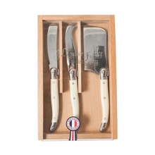Load image into Gallery viewer, Be Home - Laguiole 3 Piece Mini Cheese Utensil Set, Ivory in Wood Box with Acrylic Lid