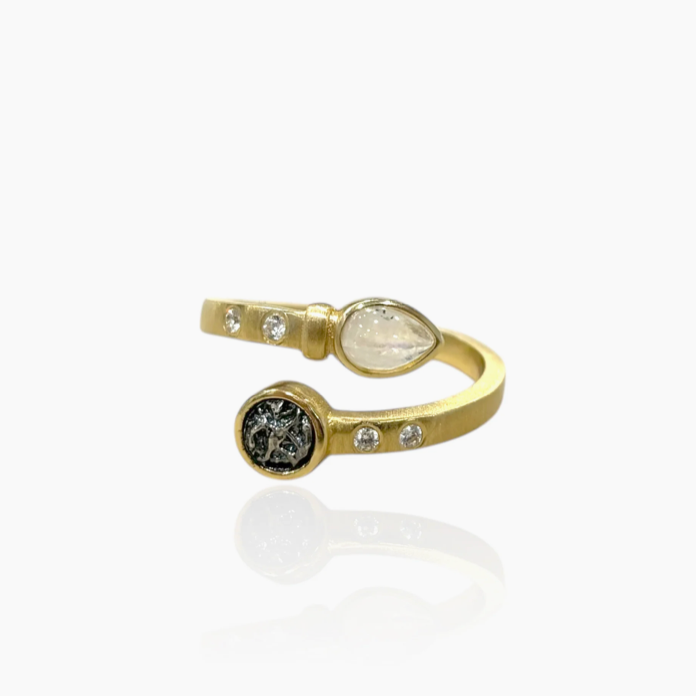 TAT 2 Design - Gold Rainbow Moonstone Ray Ring
