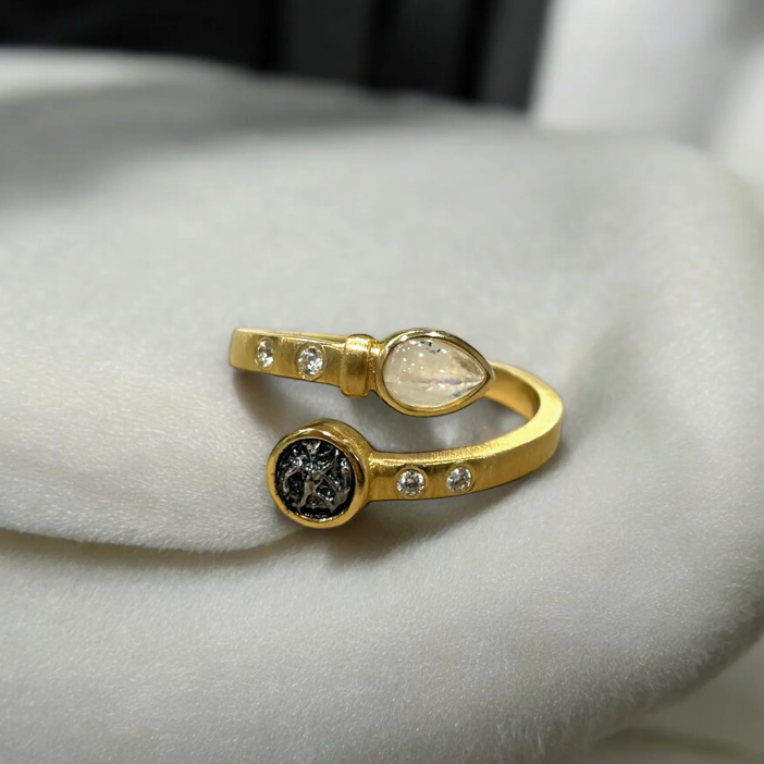 TAT 2 Design - Gold Rainbow Moonstone Ray Ring