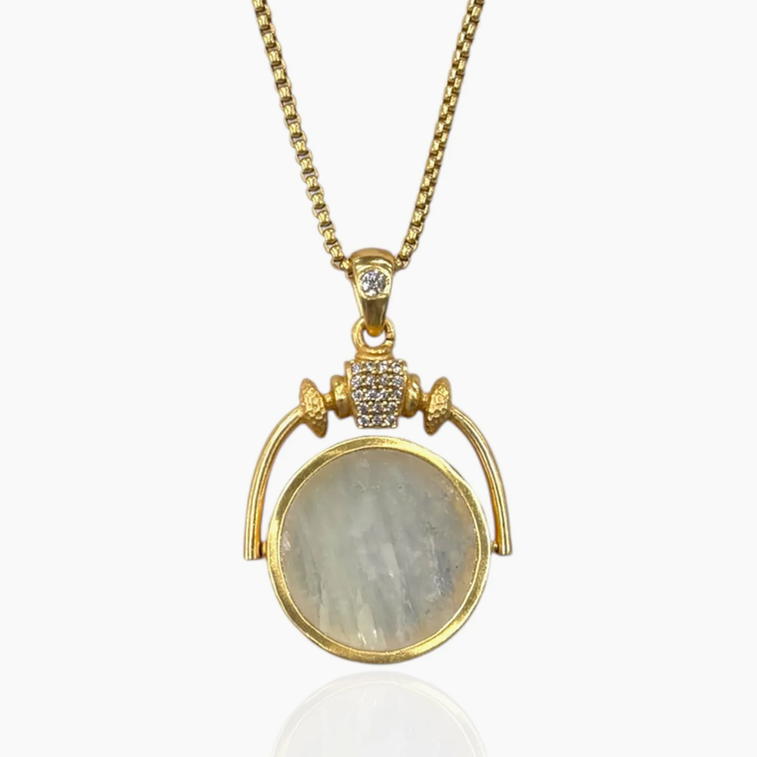 Large Gold Rainbow Moonstone Sol Spinner Necklace