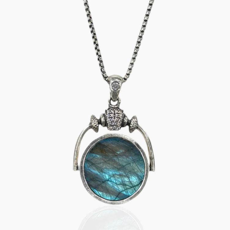 Large Silver Labardorite Moonstone Sol Spinner Necklace