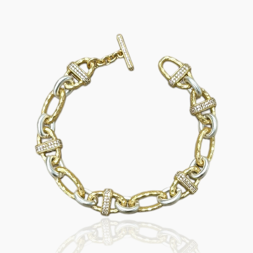 Gold two-tone pave Ravelle Thin Hammered Chain Bracelet