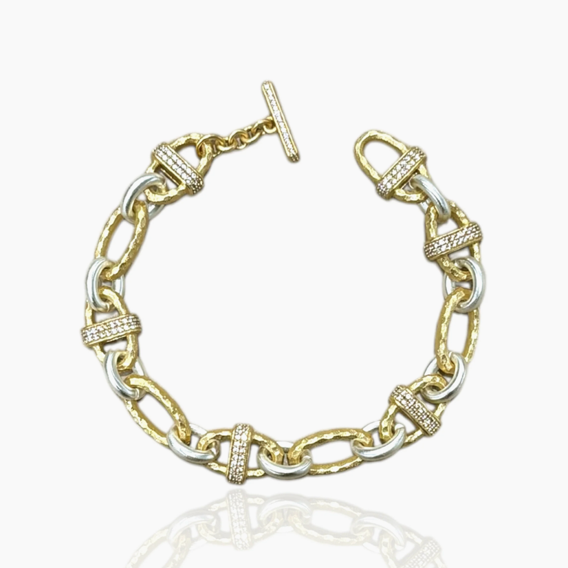 Gold Two-Tone Pavé Ravelle Thin Hammered Chain Necklace
