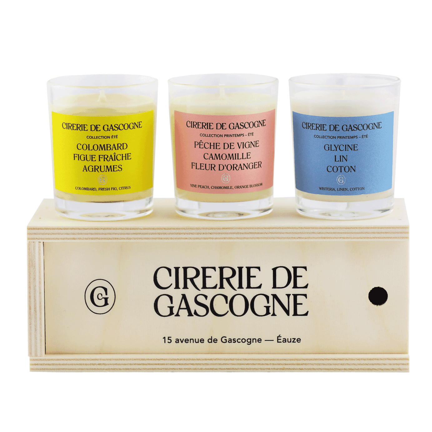 Cirerie Set of 3 Candles - Vine Peach/Chamomile, Colombard/Fresh Fig, Wisteria/Linen 2.8 oz. ea