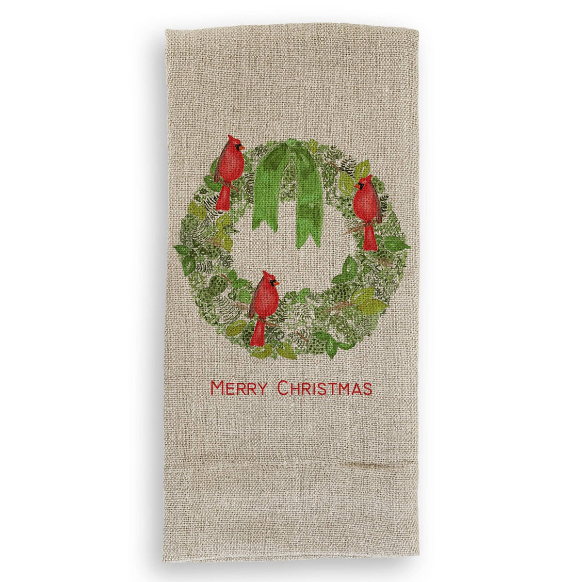 Green Wreath with Cardinals Kitchen Towel