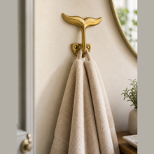 Load image into Gallery viewer, Brass Whale Tail Wall Hook (3 Sizes) β Coastal Bathroom Towel Hook, Nautical Wall Hook, Entryway Coat Hook, Beach House Decor