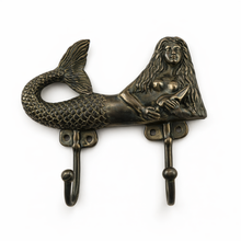 Load image into Gallery viewer, Brass Mermaid Double Wall Hook β Coastal Bathroom Towel Hook, Nautical Beach House Decor