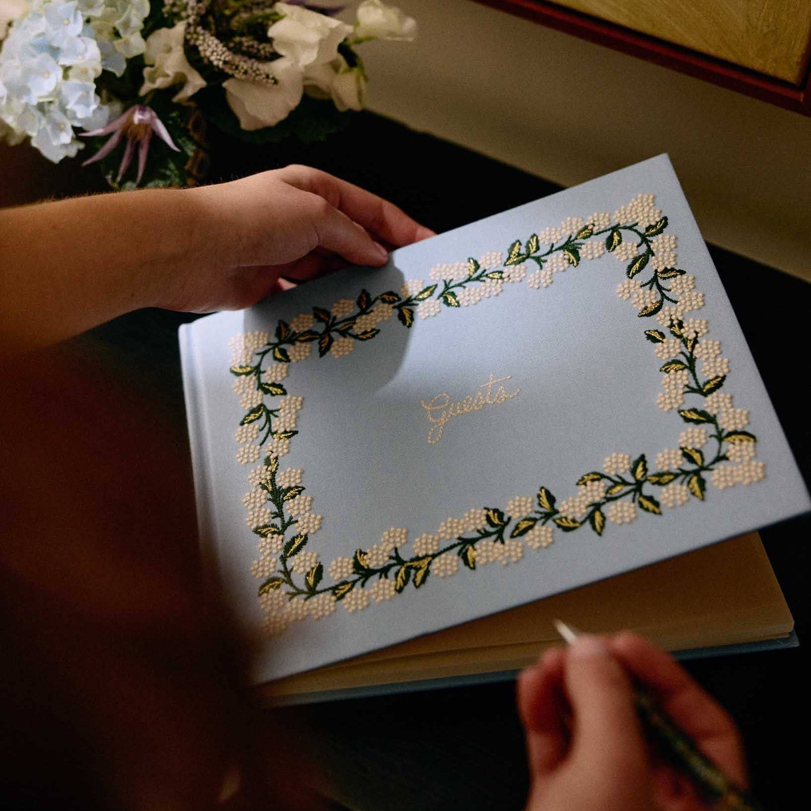 Hydrangea Embroidered Fabric Guest Book