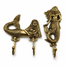 Load image into Gallery viewer, Brass Mermaid Double Wall Hook β Coastal Bathroom Towel Hook, Nautical Beach House Decor