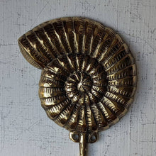 Load image into Gallery viewer, Brass Ammonite Fossil Wall Hook β Coastal Shell Hook, Beach House Bathroom Towel Hanger