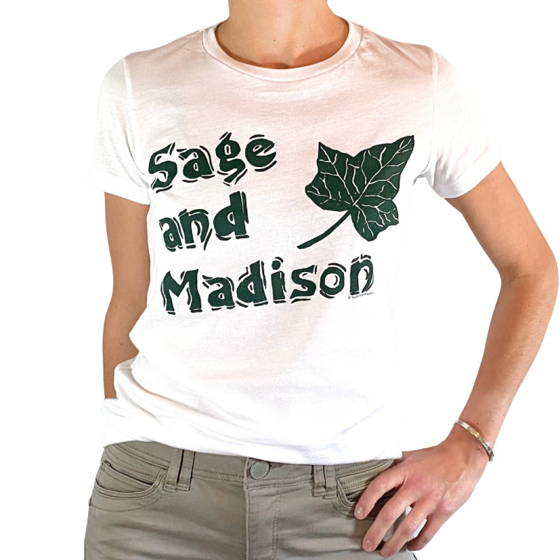 White/Green Women's Sage and Madison Sketchy Leaf T-shirt