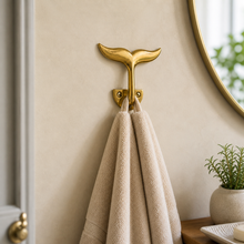 Load image into Gallery viewer, Brass Whale Tail Wall Hook (3 Sizes) – Coastal Bathroom Towel Hook, Nautical Wall Hook, Entryway Coat Hook, Beach House Decor
