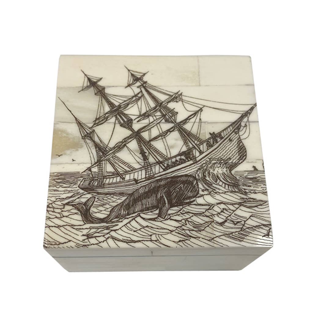 Essex Whaling Etched Ship Decorative Trinket Bone Box-3-1/4"