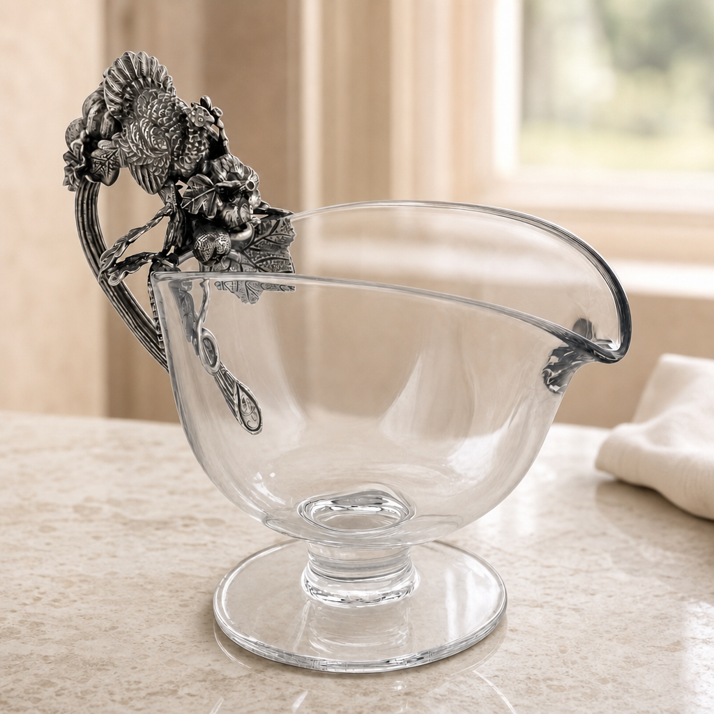 Hand Blown Glass Gravy Boat Pewter Harvest Turkey