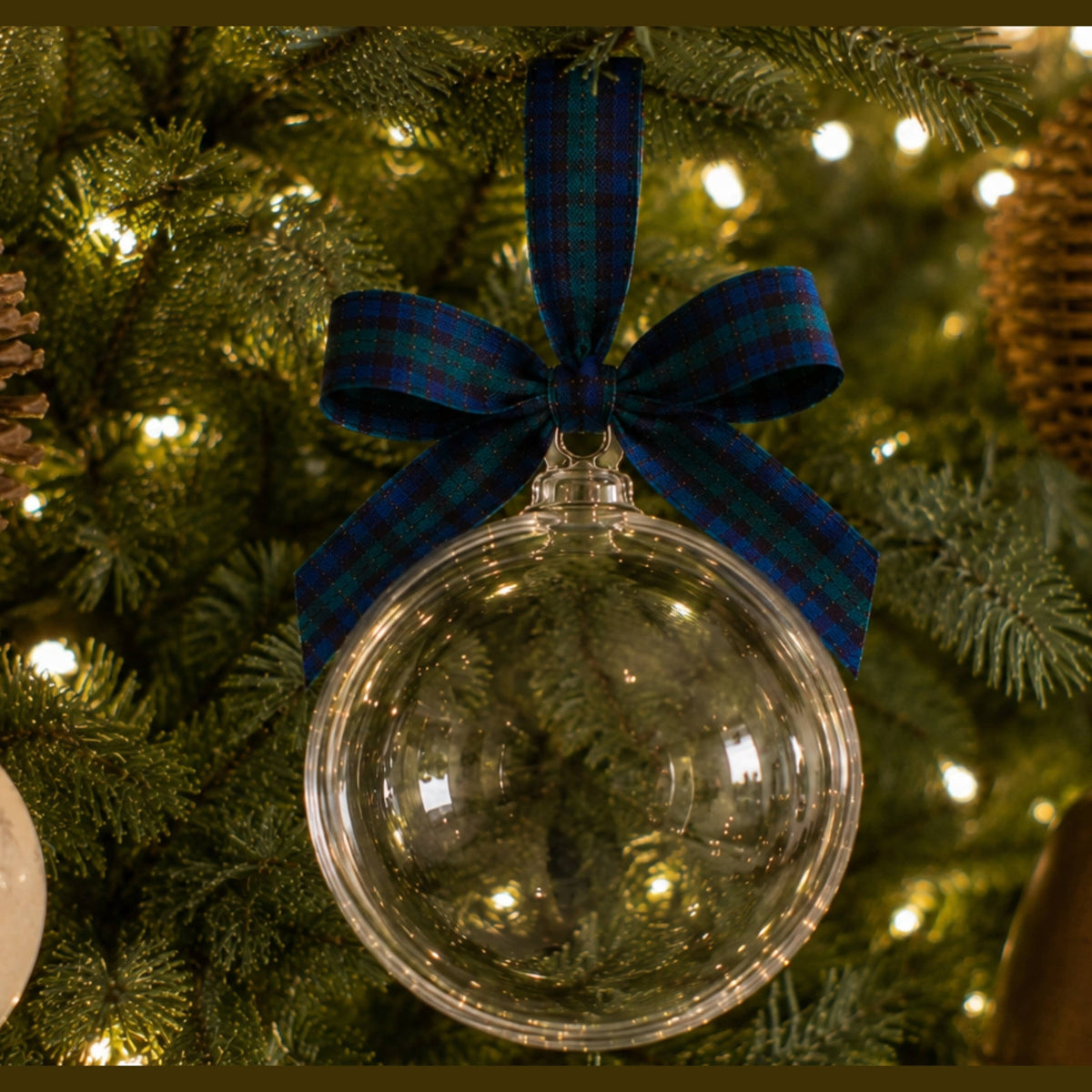 5" Glass Globe Ornament, Clear Plaid