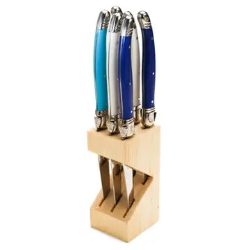Jean Dubost Set of 6 Steak Knives - Marina Blues in Wood Block