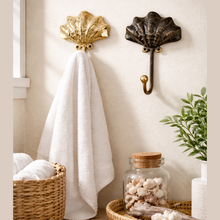 Load image into Gallery viewer, Brass Shell Wall Hook – Antique Coastal Bathroom Towel &amp; Robe Hanger
