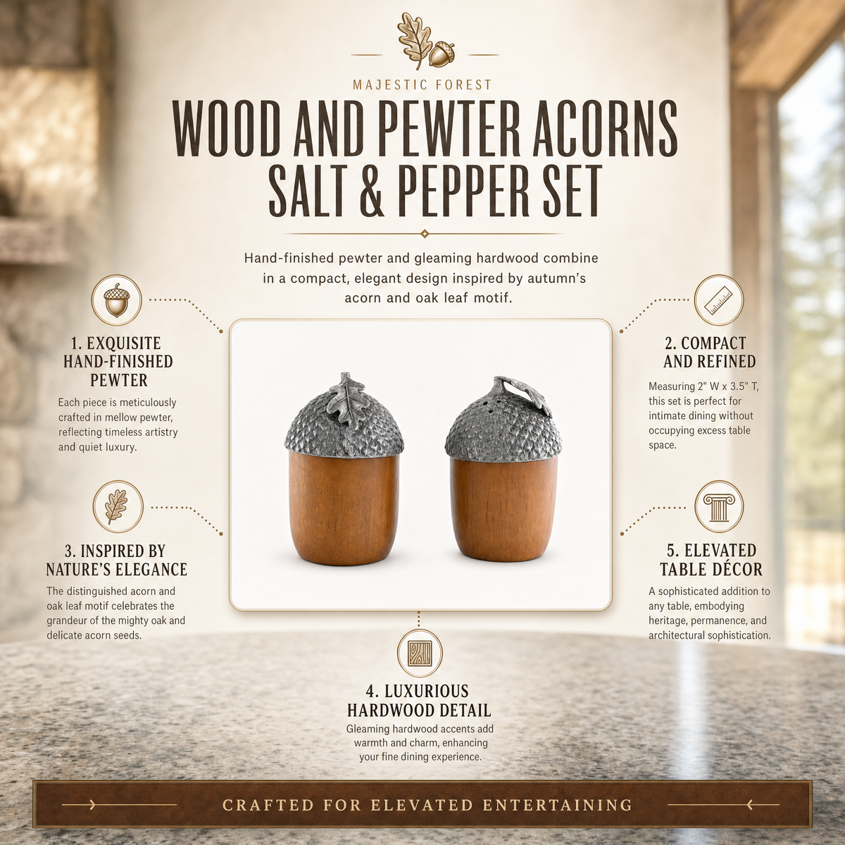 Wood and Pewter Acorns Salt & Pepper Set