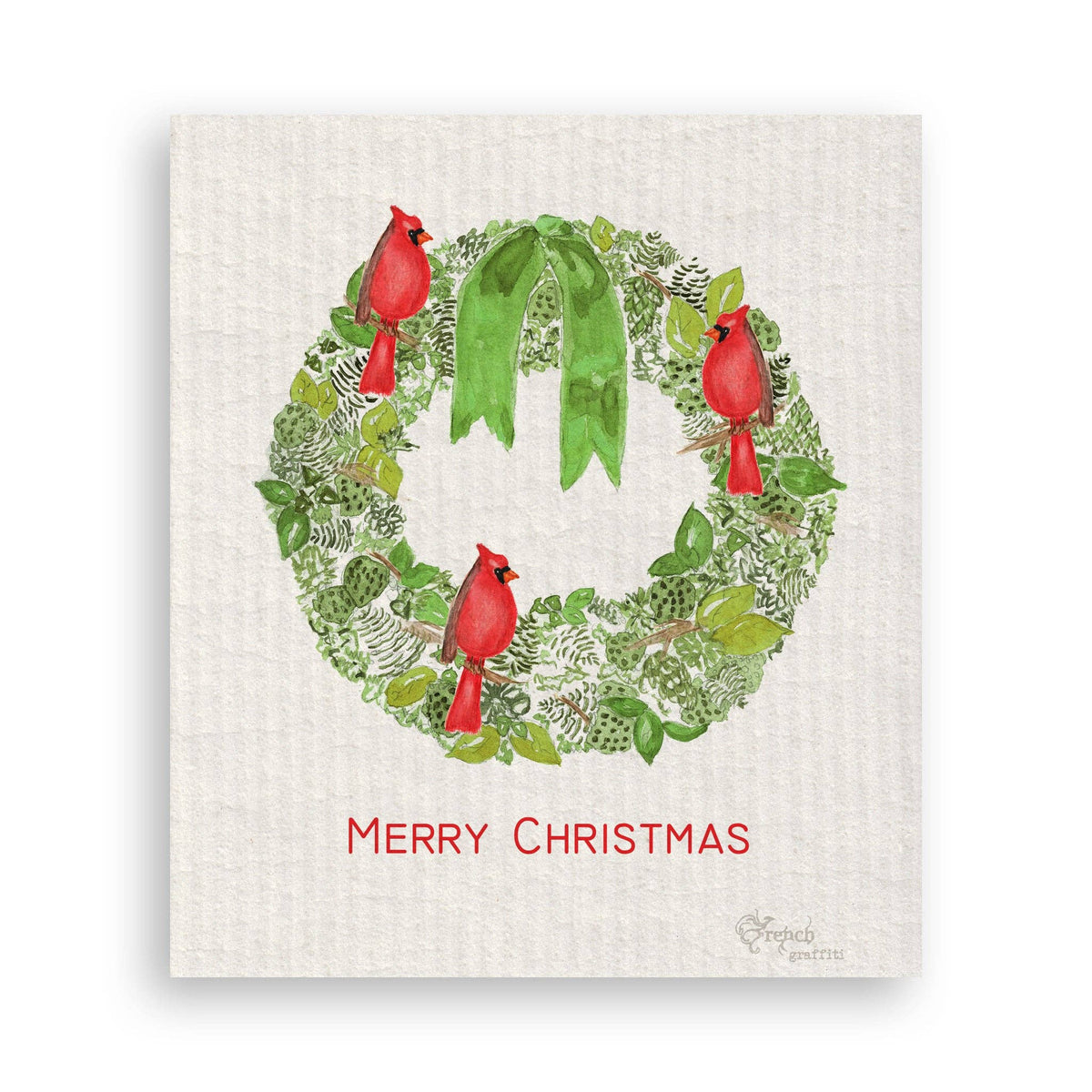 Green Wreath with Cardinals Kitchen Towel