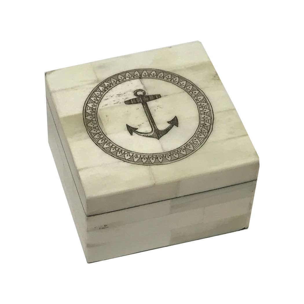 Anchor In Circle Engraved White Bone Box, 3-1/4"