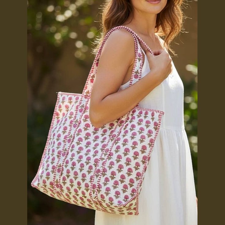 Hydrangea Quilted Tote Bag-Blue