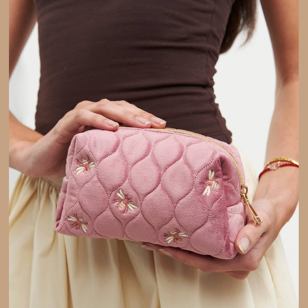 Embroidered Bee Cosmetic Pouch in Rose Pink