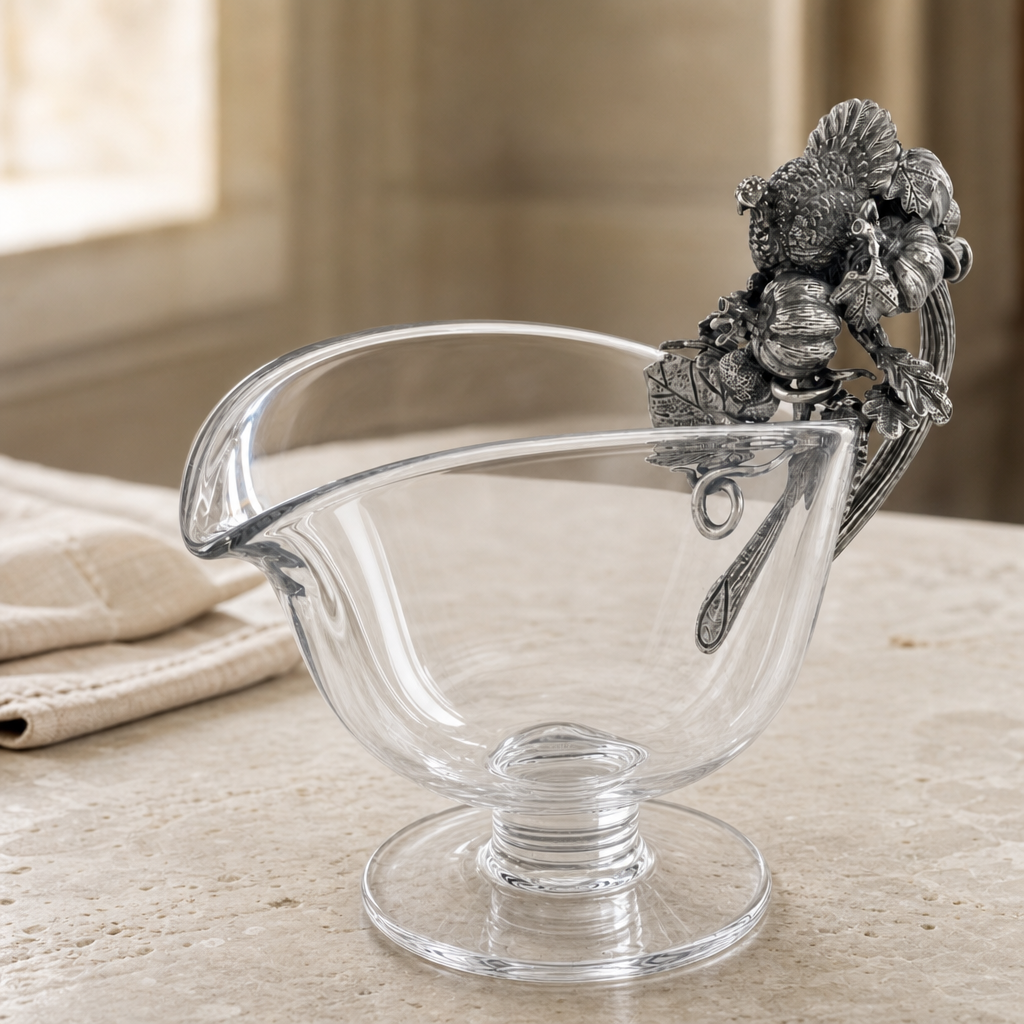 Hand Blown Glass Gravy Boat Pewter Harvest Turkey