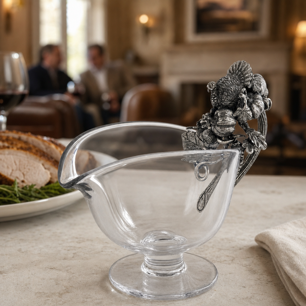 Hand Blown Glass Gravy Boat Pewter Harvest Turkey