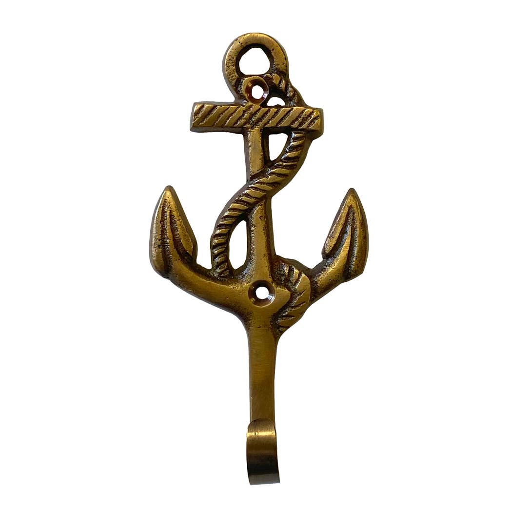 Antiqued Solid Brass Nautical Anchor Wall Hook Decor, 4-1/4”