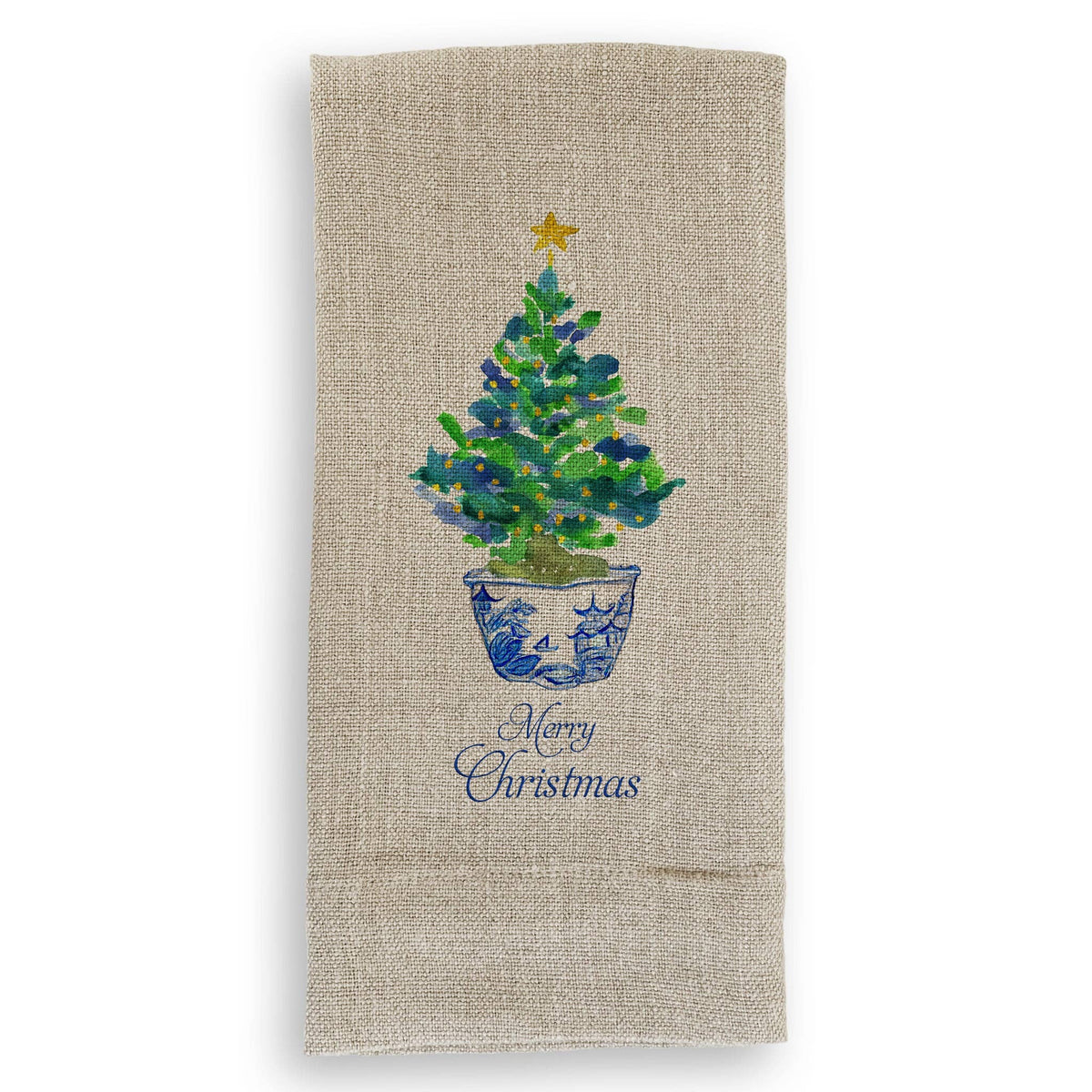 Blue & White Potted Christmas Tree with Merry Christmas