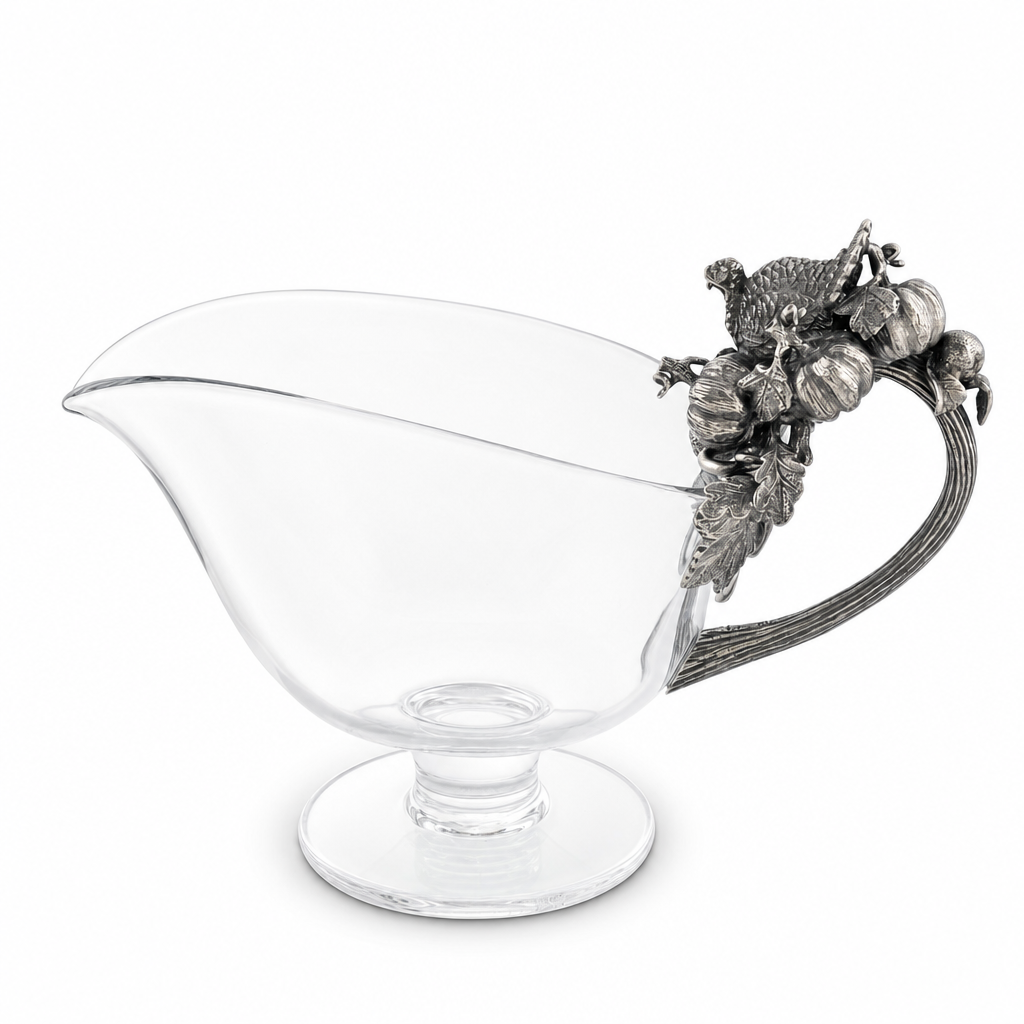 Hand Blown Glass Gravy Boat Pewter Harvest Turkey
