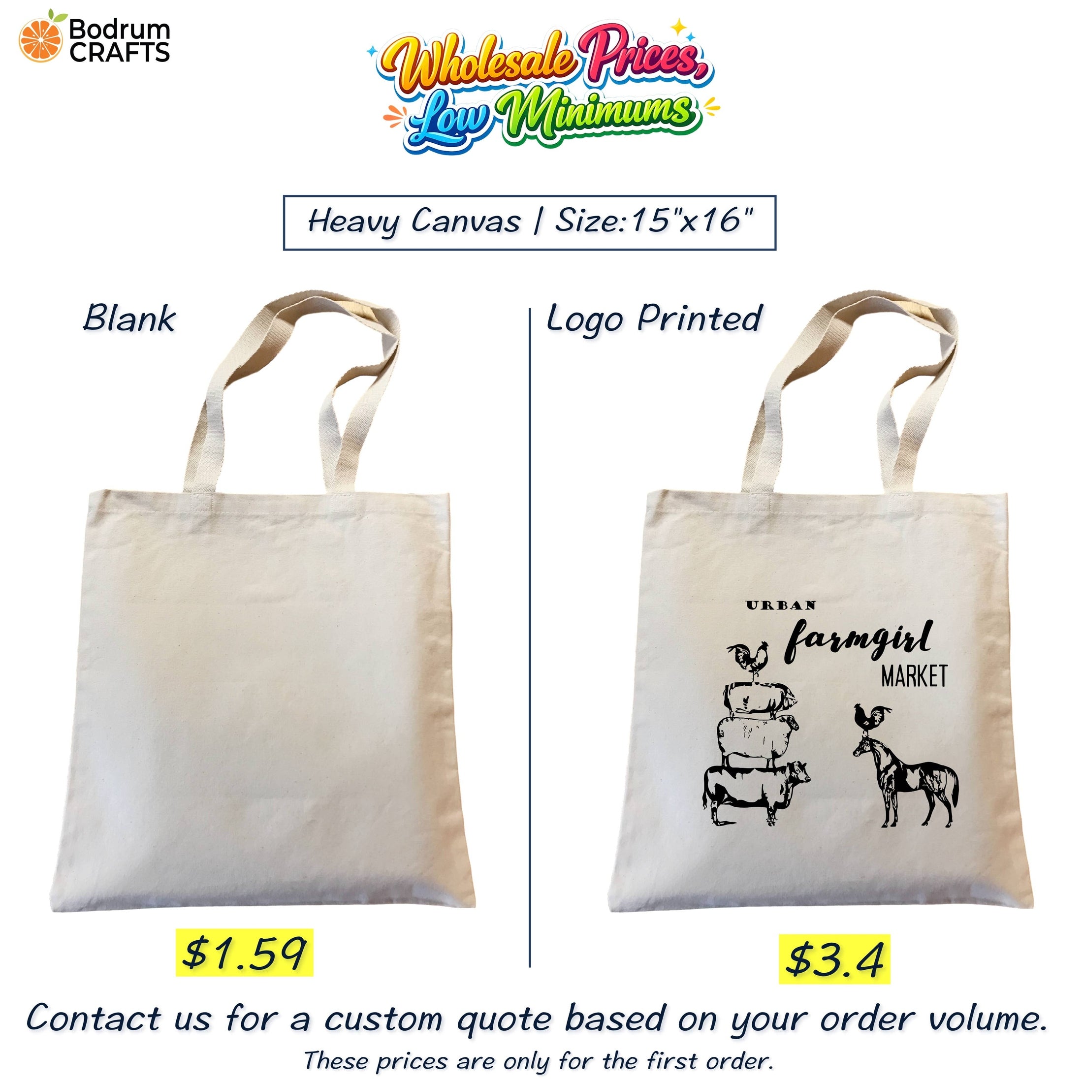 Custom Printed Heavy Canvas Tote Bags, Personalized Bags