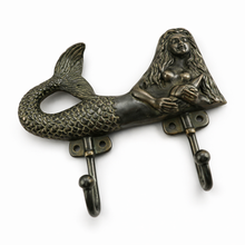 Load image into Gallery viewer, Brass Mermaid Double Wall Hook – Coastal Bathroom Towel Hook, Nautical Beach House Decor
