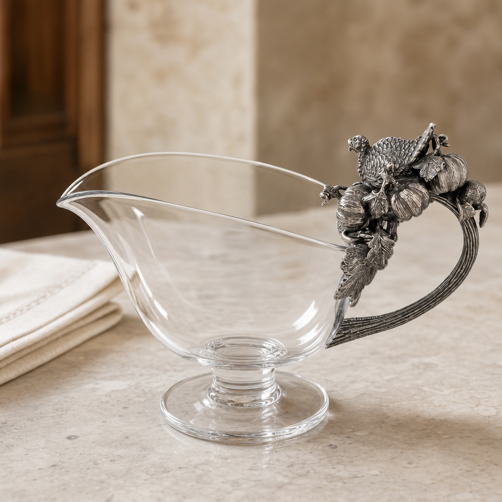 Hand Blown Glass Gravy Boat Pewter Harvest Turkey