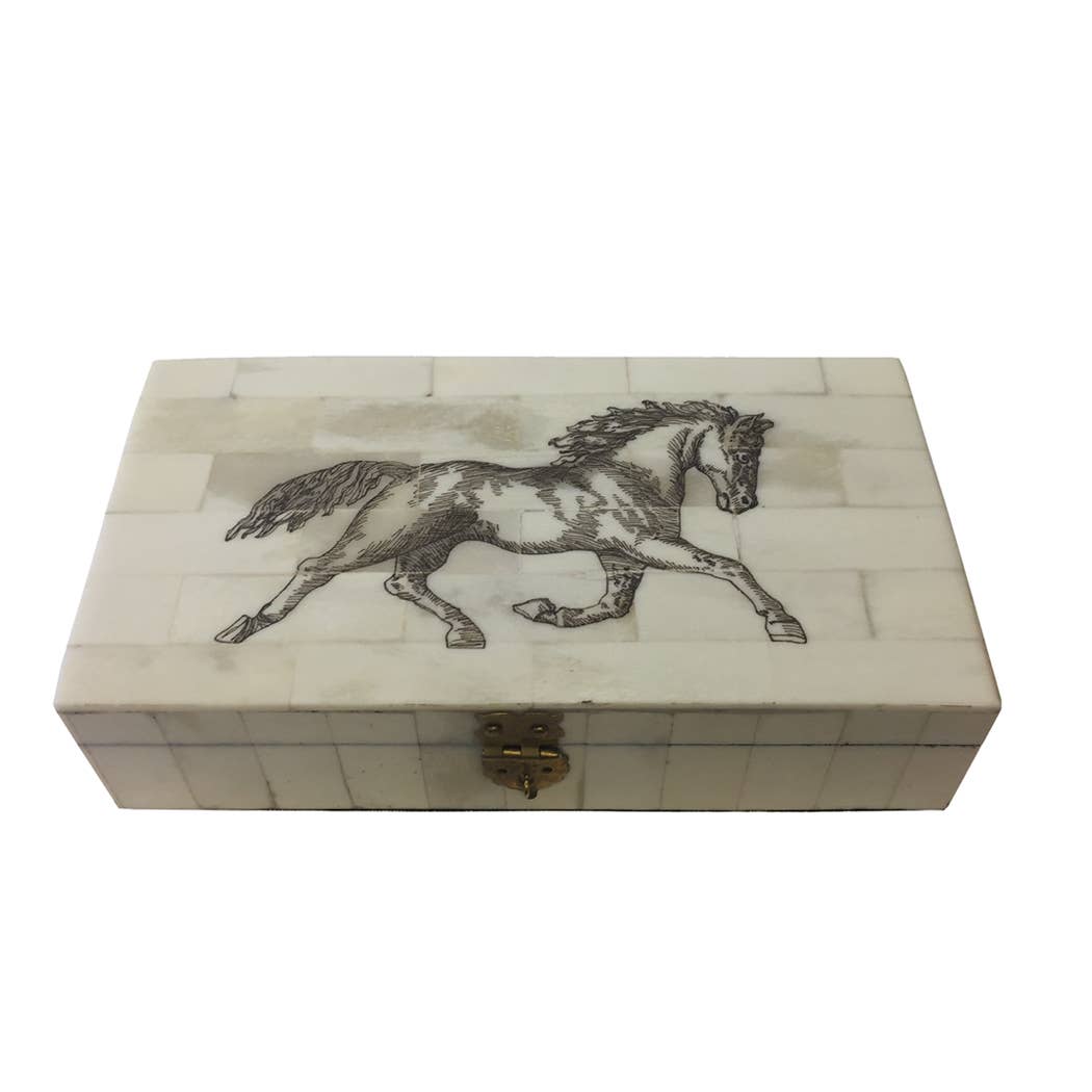 Horse Equestrian Engraved Ox Bone Box | Tabletop decor