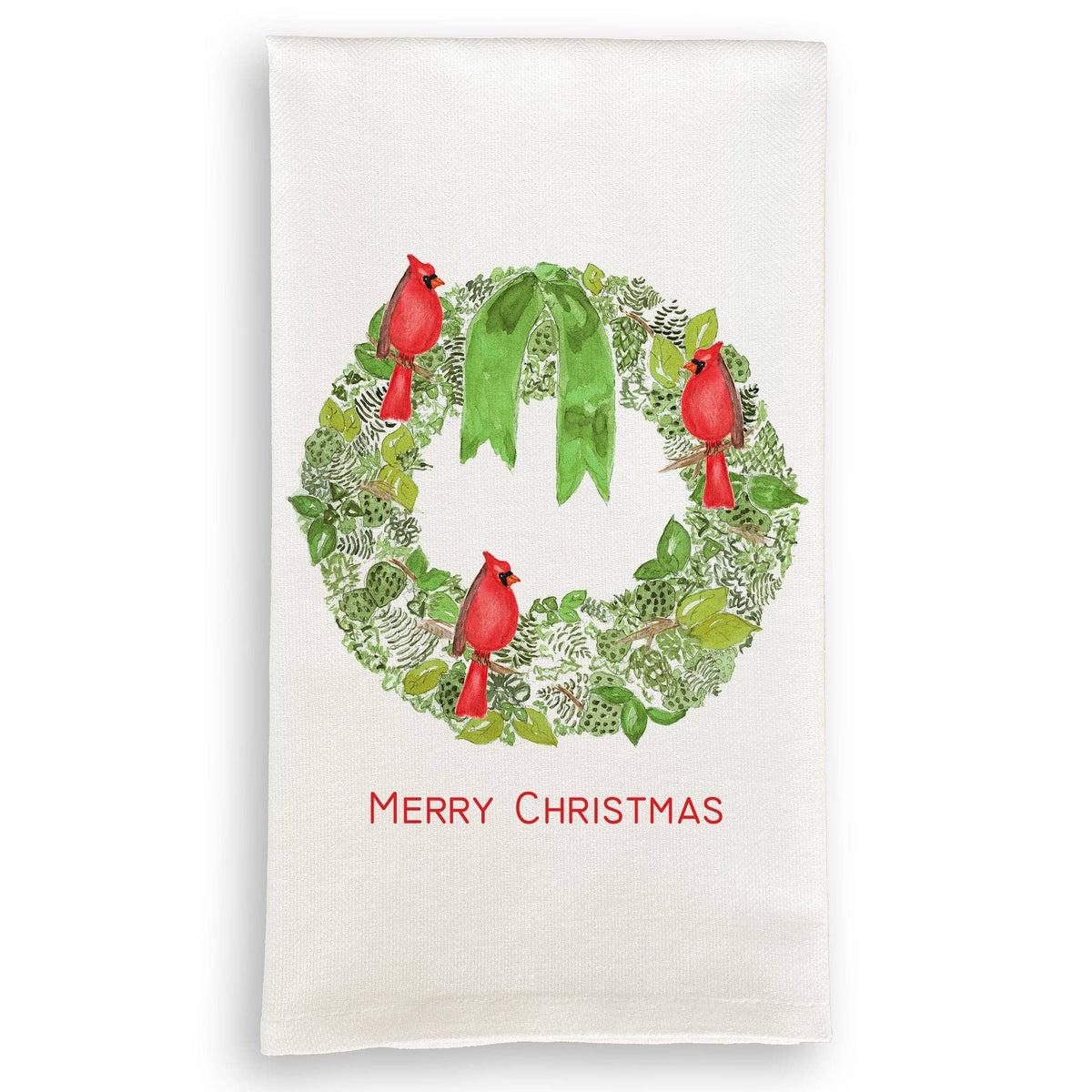 Green Wreath with Cardinals Kitchen Towel